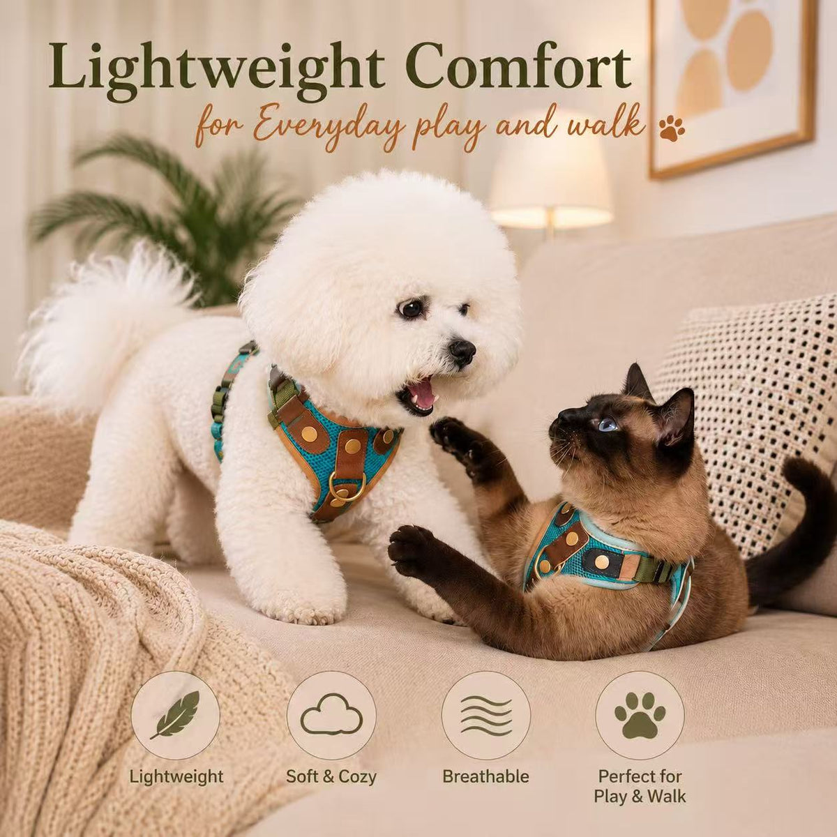 Small Dog & Cat Harness and Leash Set – Lightweight & Reflective