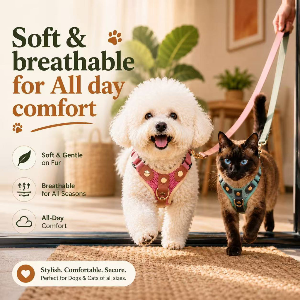 Small Dog & Cat Harness and Leash Set – Lightweight & Reflective