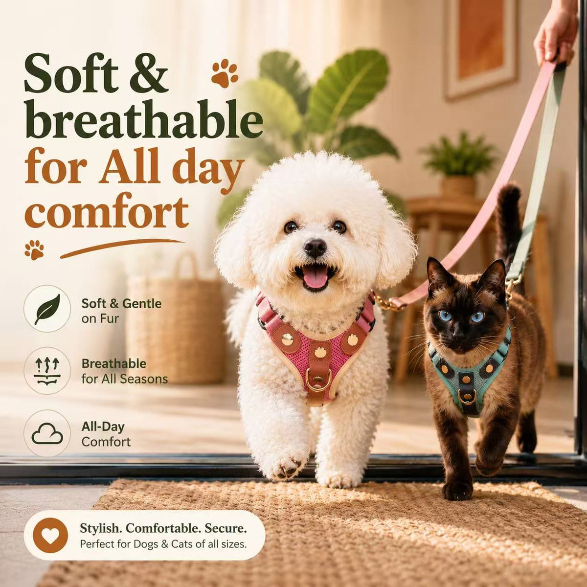 Small Dog & Cat Harness and Leash Set – Lightweight & Reflective