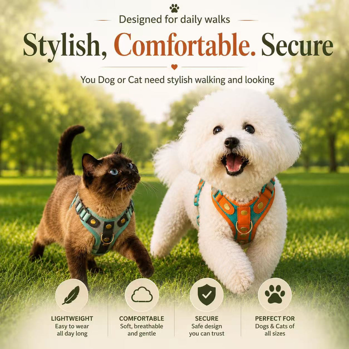 Small Dog & Cat Harness and Leash Set – Lightweight & Reflective