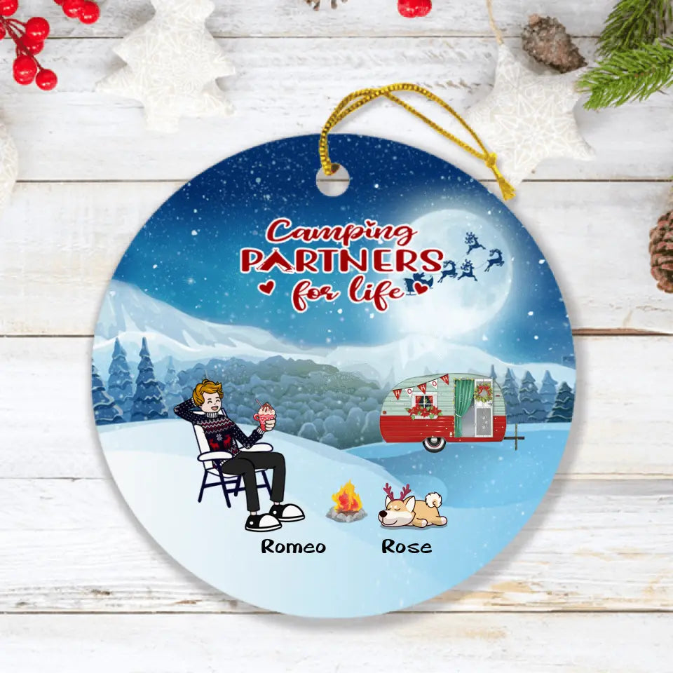 Personalized Christmas Camping Ornament - Adult/Couple With Up to 6 Pets - Christmas Gift For Dog/Cat Lover - Camping Partners For Life