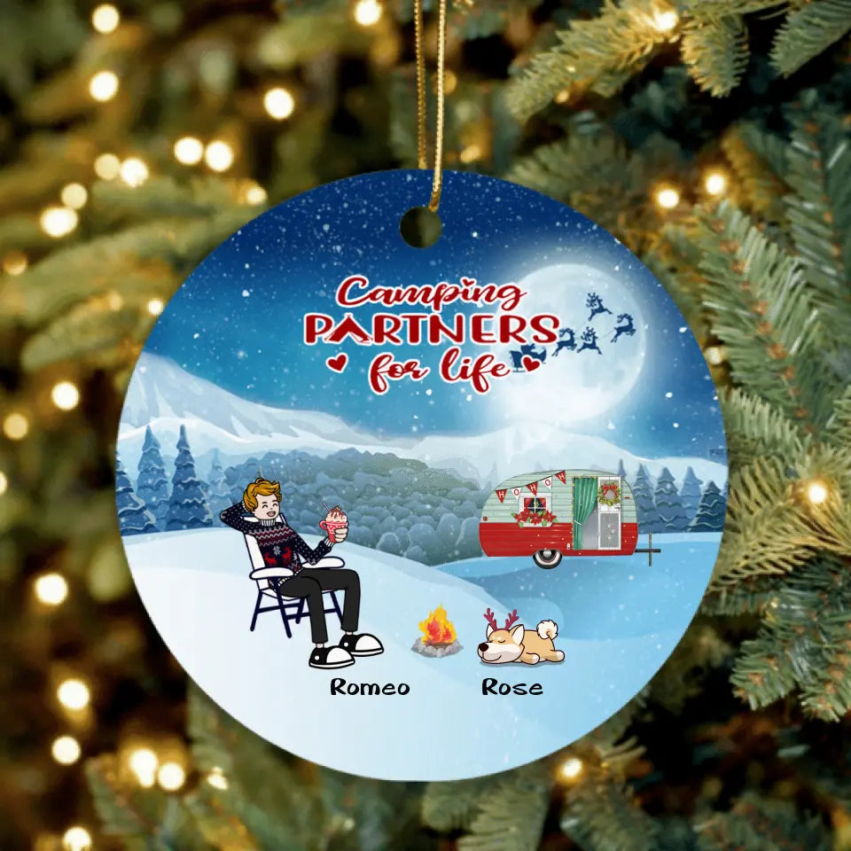 Personalized Christmas Camping Ornament - Adult/Couple With Up to 6 Pets - Christmas Gift For Dog/Cat Lover - Camping Partners For Life