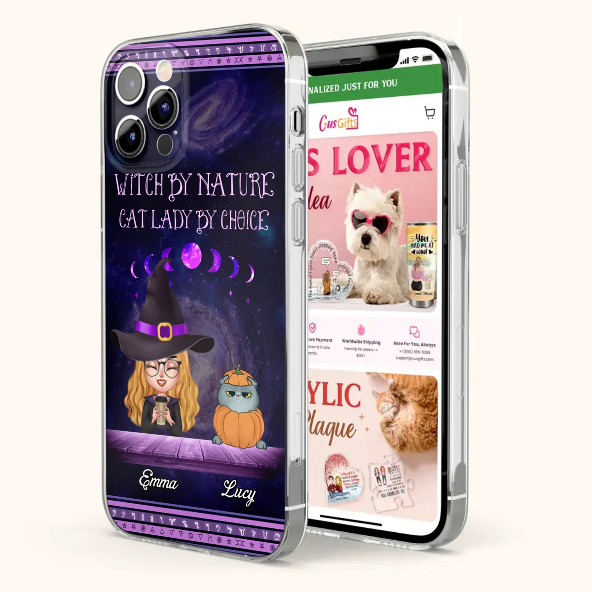 Custom Personalized Witch Phone Case for iPhone/ Samsung - Gift Idea For Halloween/ Pet Lovers with up to 5 Pets - Witch By Nature, Cat Lady By Choice