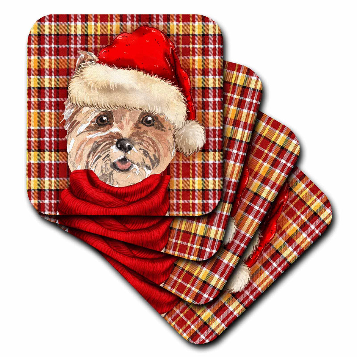 3dRose Cairn Terrier Christmas Dog with Gold and Red Holiday Plaid - Coasters (CST_351753)