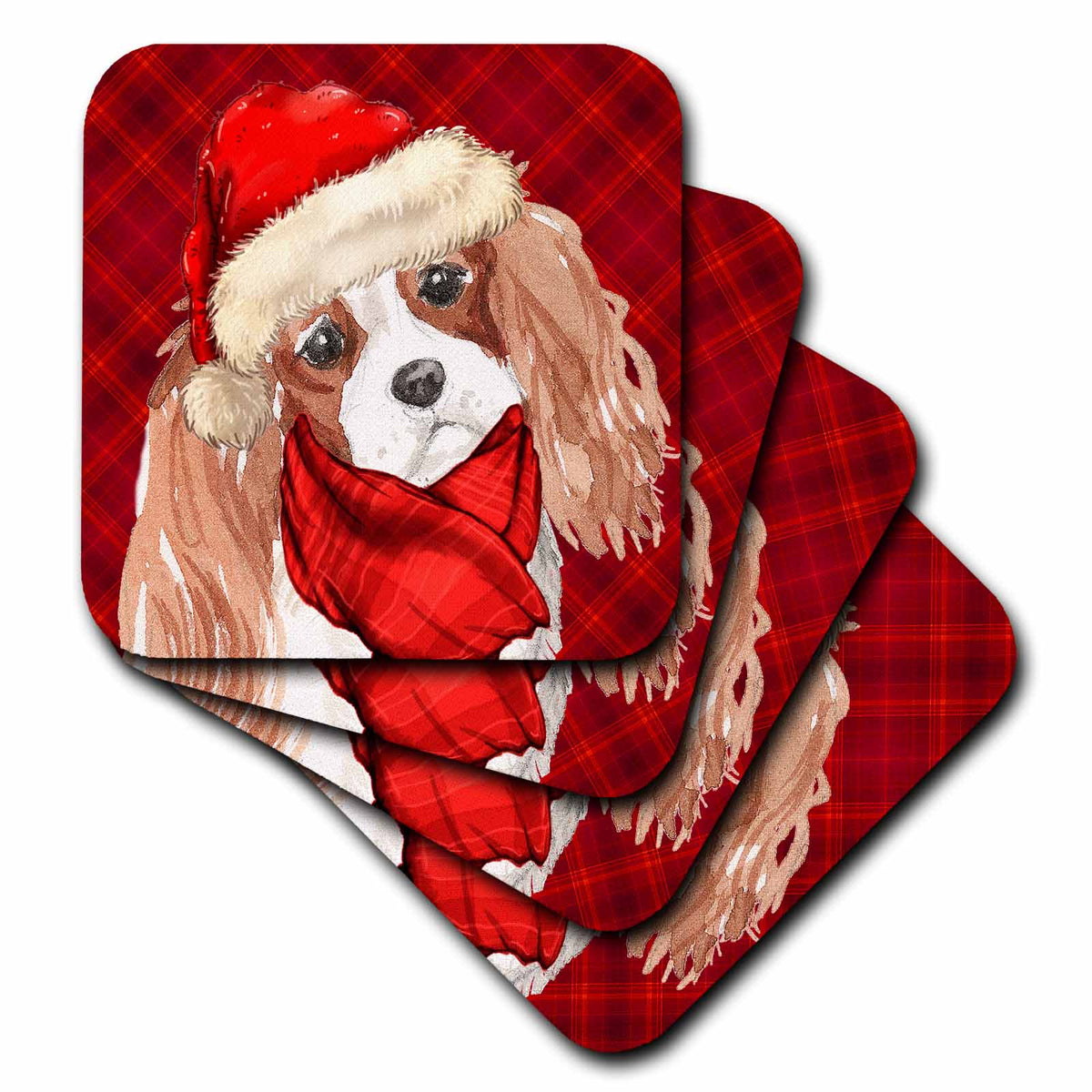3dRose Christmas Cavalier King Charles Santa Dog with Red Holiday Plaid - Coasters (CST_351768)