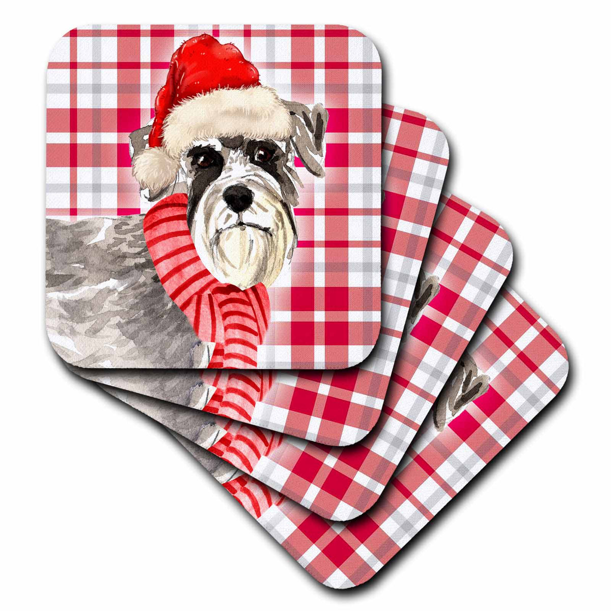 3dRose Festive Red and White Holiday Plaid and Schnauzer Christmas Dog - Coasters (CST_351789)