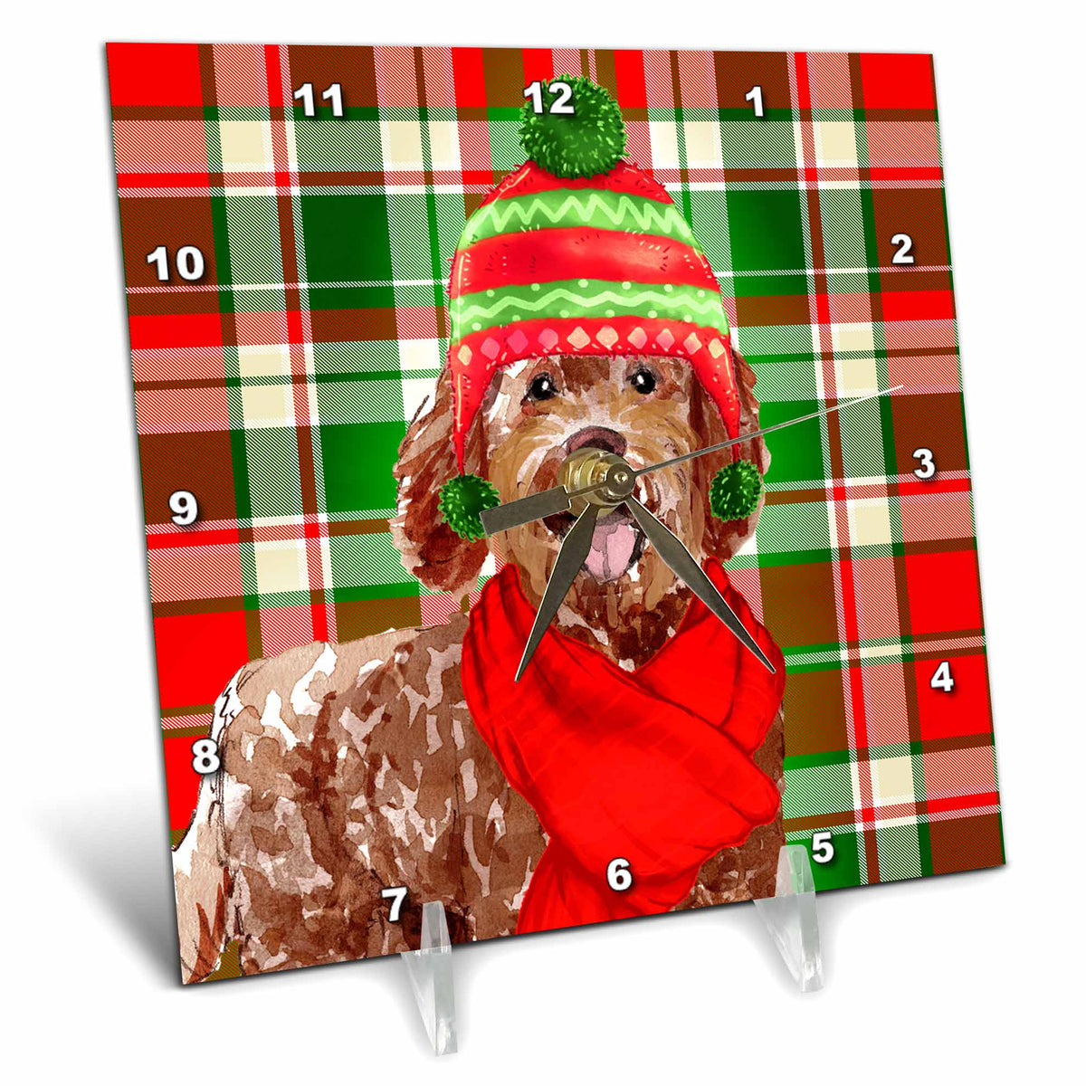3dRose Festive Christmas Labradoodle Dog on Red and Green Holiday Plaid - Desk Clocks (dc_351760)