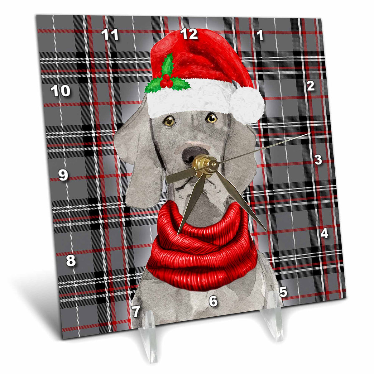 3dRose Cute Weimaraner Holiday Dog on Red and Grey Plaid for Christmas - Desk Clocks (dc_351798)