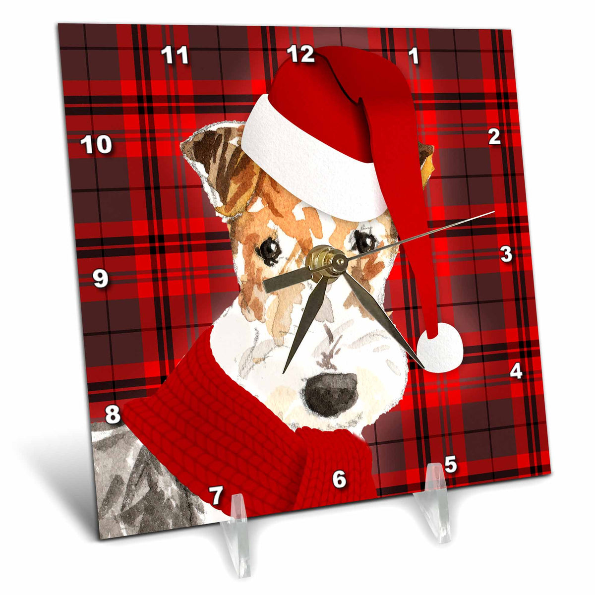 3dRose Wire Fox Terrier Christmas Dog with Bold Red Holiday Plaid - Desk Clocks (dc_351801)