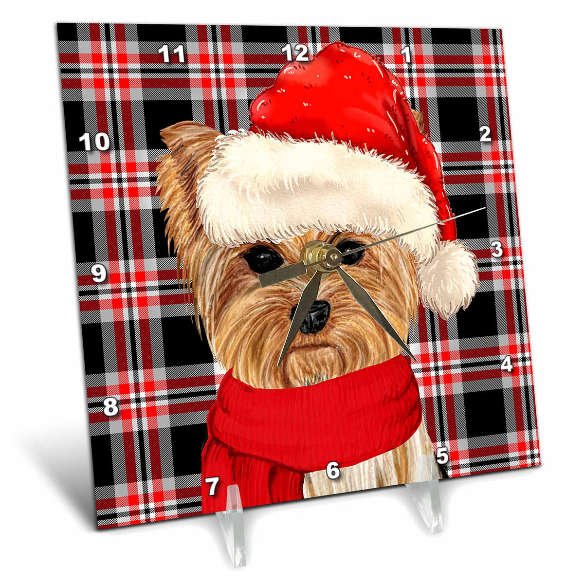 3dRose Christmas Yorkshire Terrier on Holiday Plaid for Dog Lovers - Desk Clocks (dc_351803)