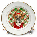 3dRose Christmas Boxer Dog with Bold Red and Green Holiday Plaid Dog Lover - Plates (cp_351752)