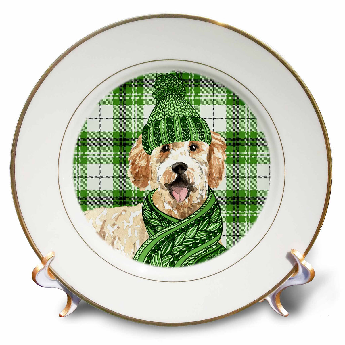 3dRose Christmas Golden Doodle on Festive Green Plaid for Holiday Dog Lovers - Plates (cp_351757)