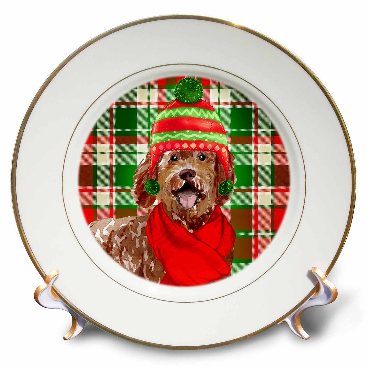 3dRose Festive Christmas Labradoodle Dog on Red and Green Holiday Plaid - Plates (cp_351760)