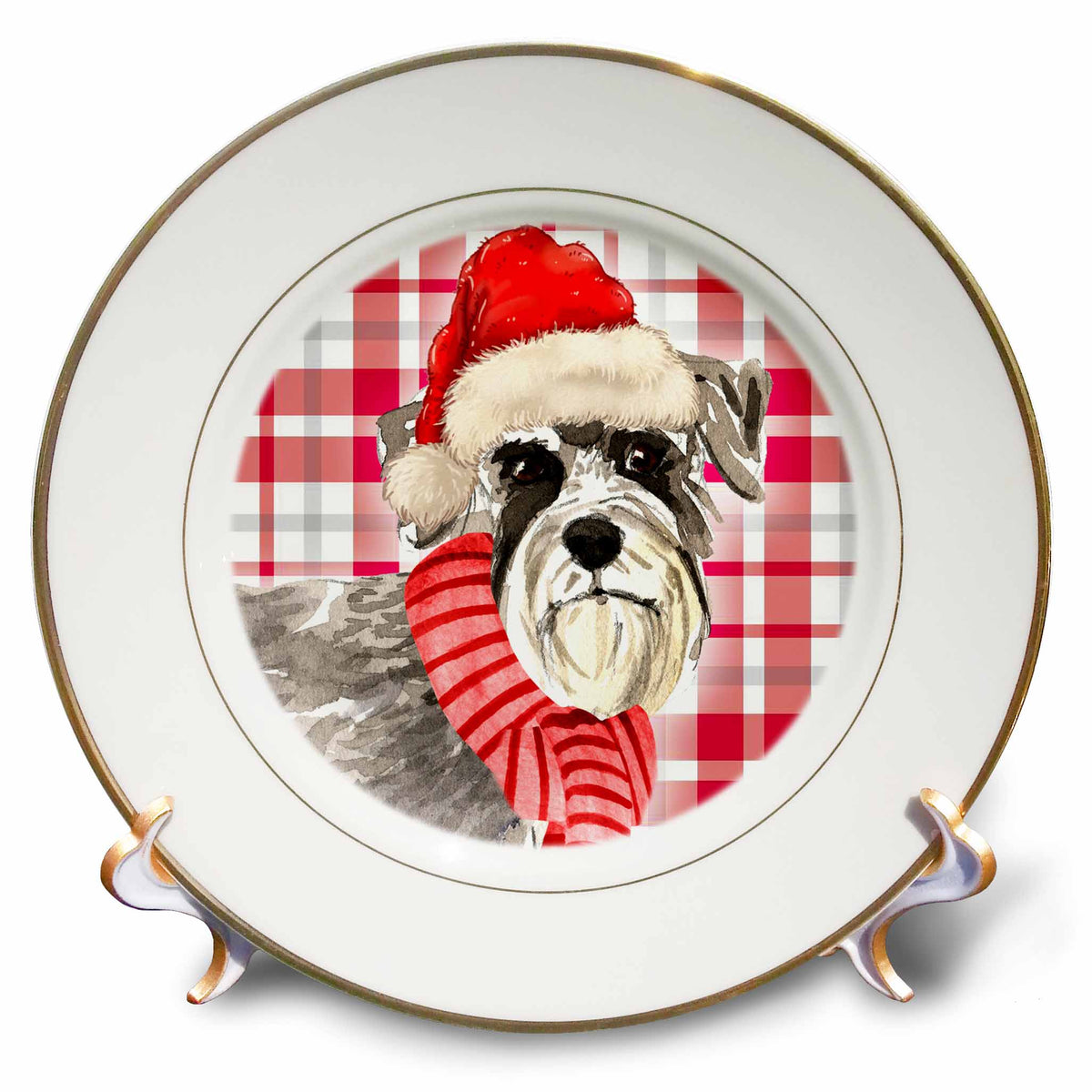 3dRose Festive Red and White Holiday Plaid and Schnauzer Christmas Dog - Plates (cp_351789)