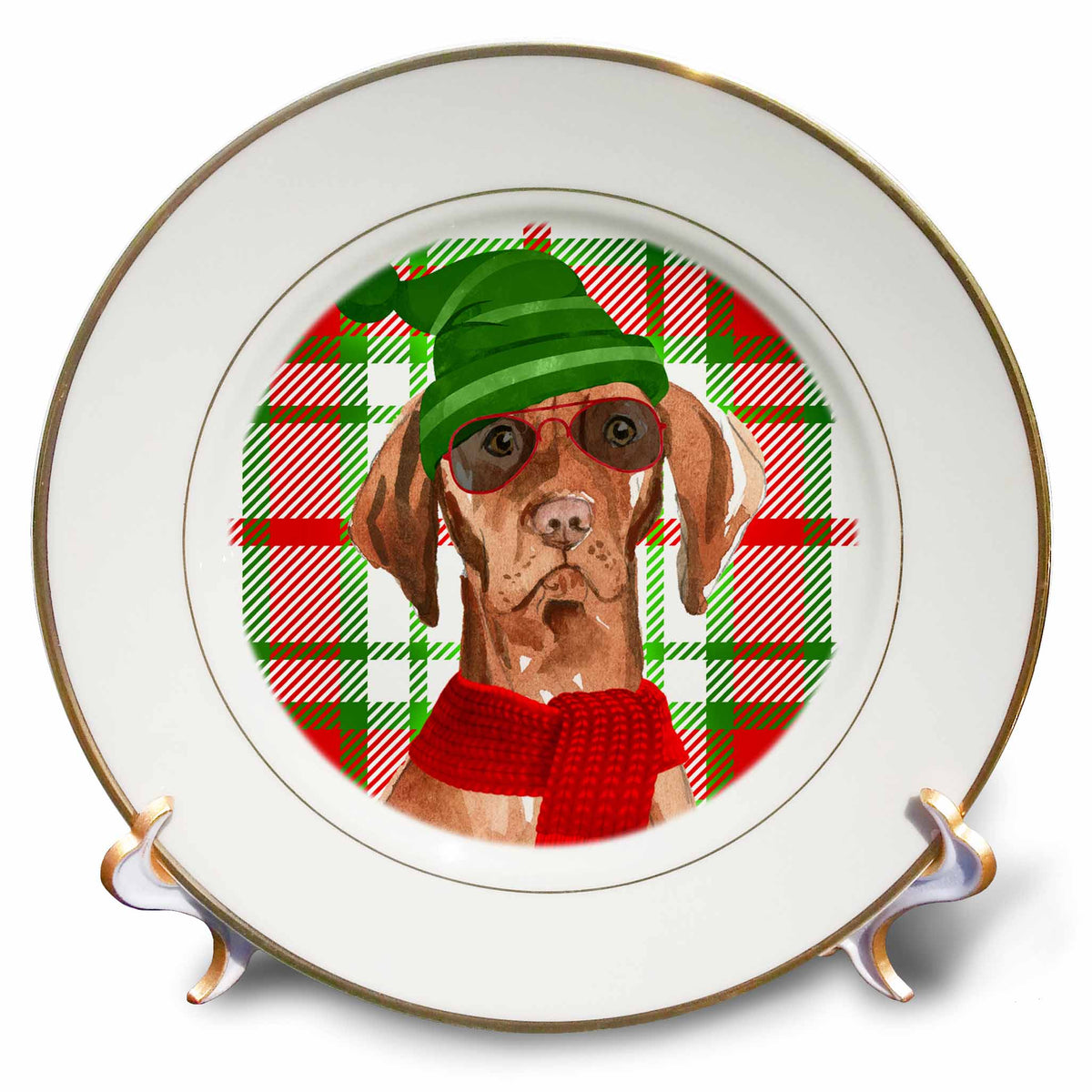 3dRose Funny Vizsla Christmas Dog on Bold Red and Green Holiday Plaid - Plates (cp_351797)