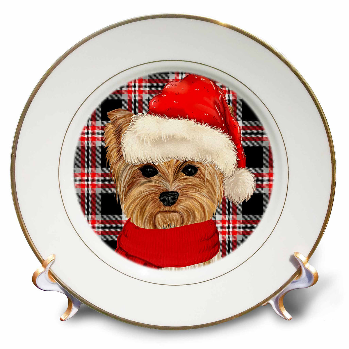 3dRose Christmas Yorkshire Terrier on Holiday Plaid for Dog Lovers - Plates (cp_351803)