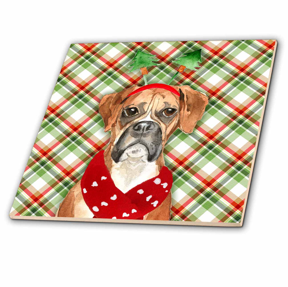 3dRose Christmas Boxer Dog with Bold Red and Green Holiday Plaid Dog Lover - Tiles (ct_351752)
