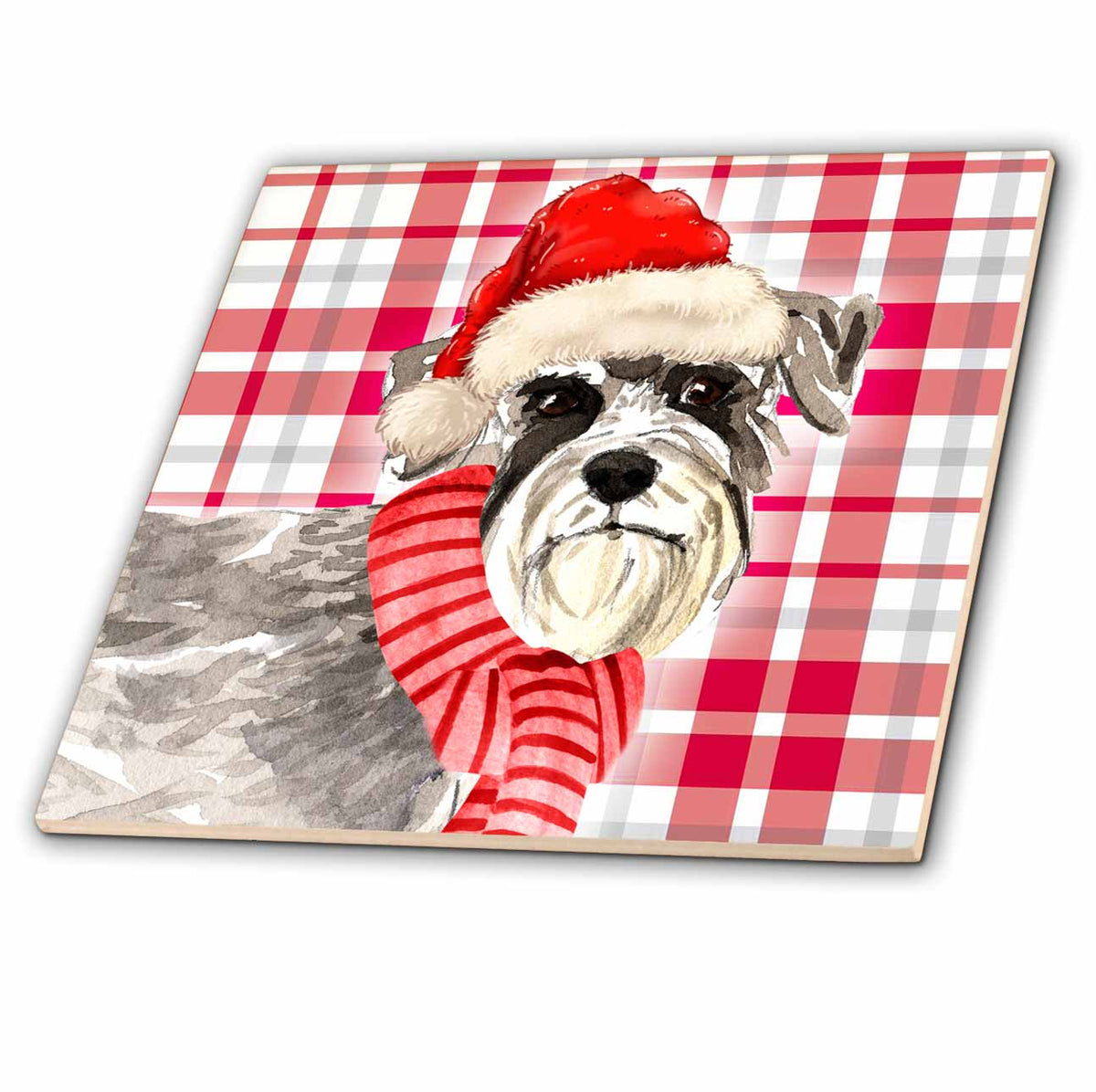 3dRose Festive Red and White Holiday Plaid and Schnauzer Christmas Dog - Tiles (ct_351789)