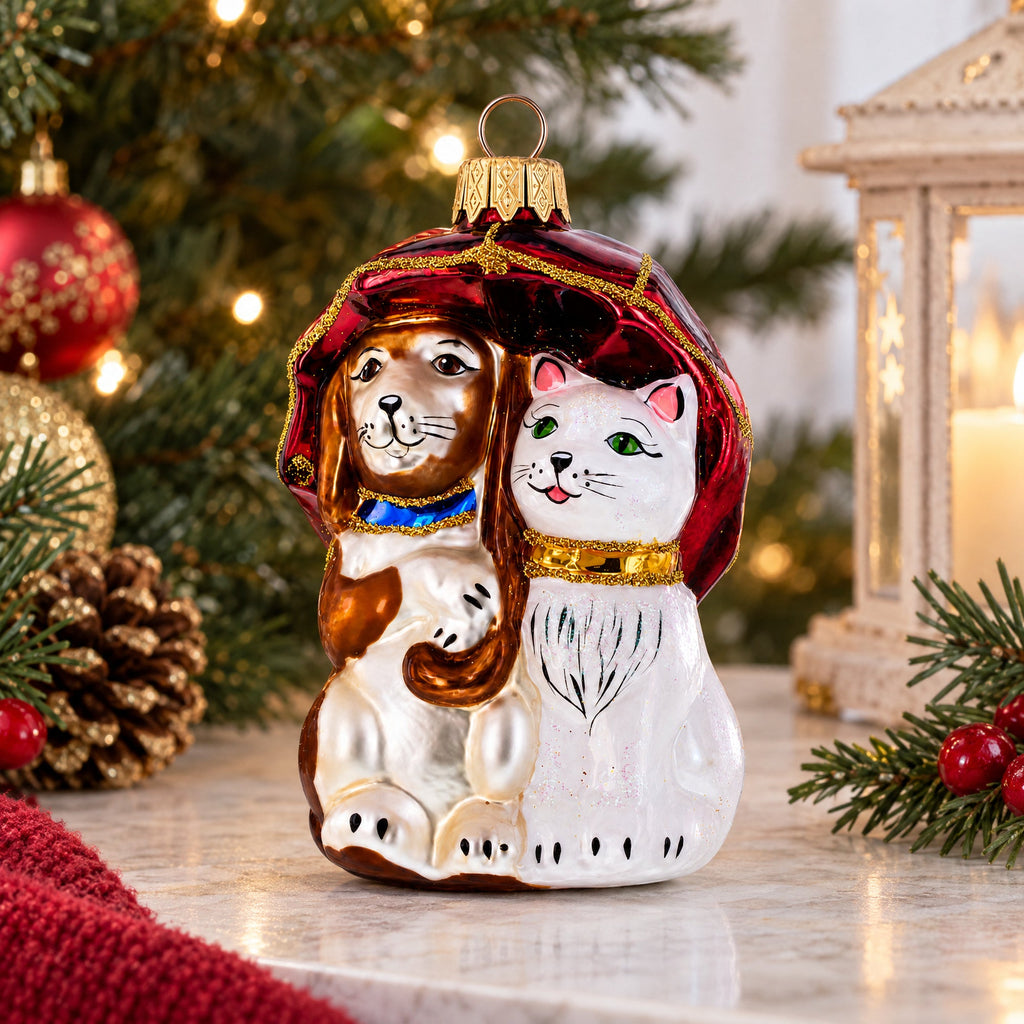 Best Friends Cat and Dog Under Umbrella Glass Christmas Ornament