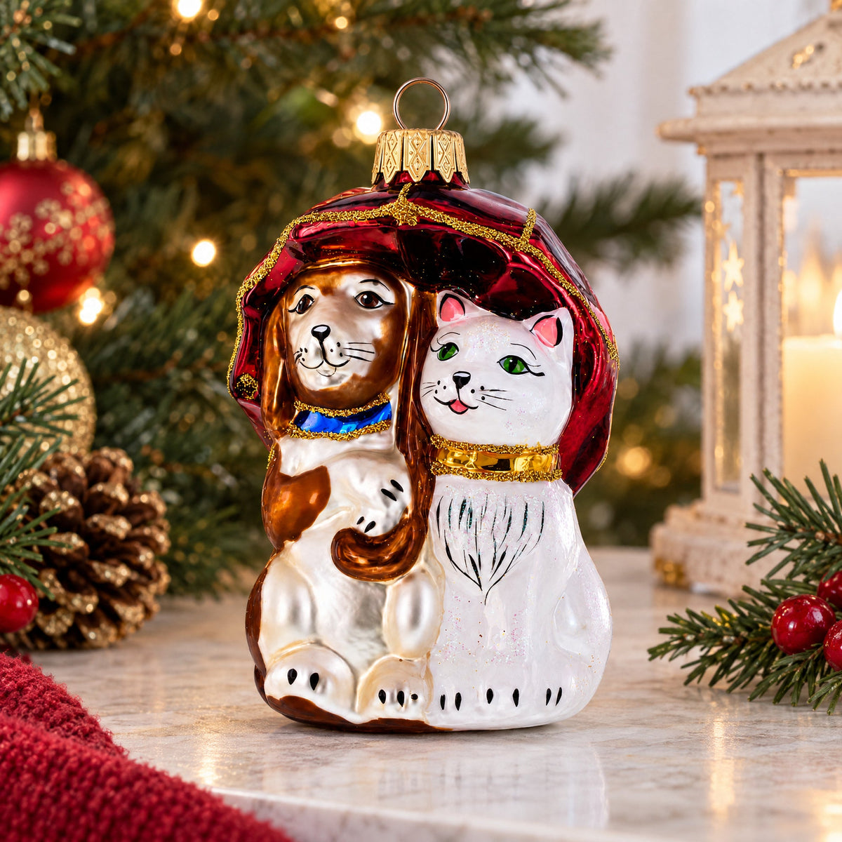 Best Friends Cat and Dog Under Umbrella Glass Christmas Ornament