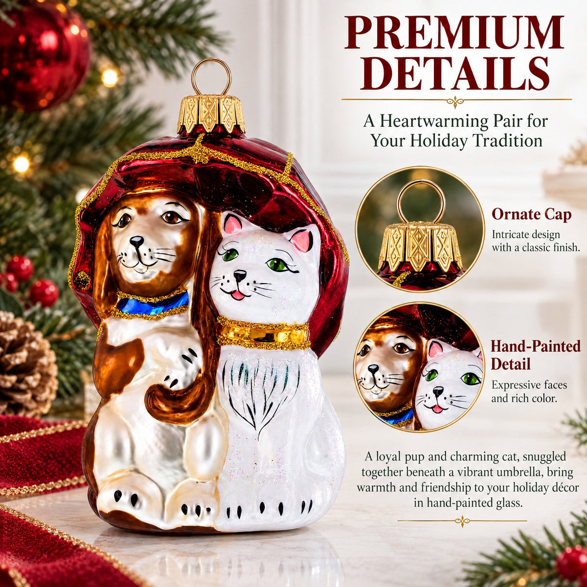 Best Friends Cat and Dog Under Umbrella Glass Christmas Ornament