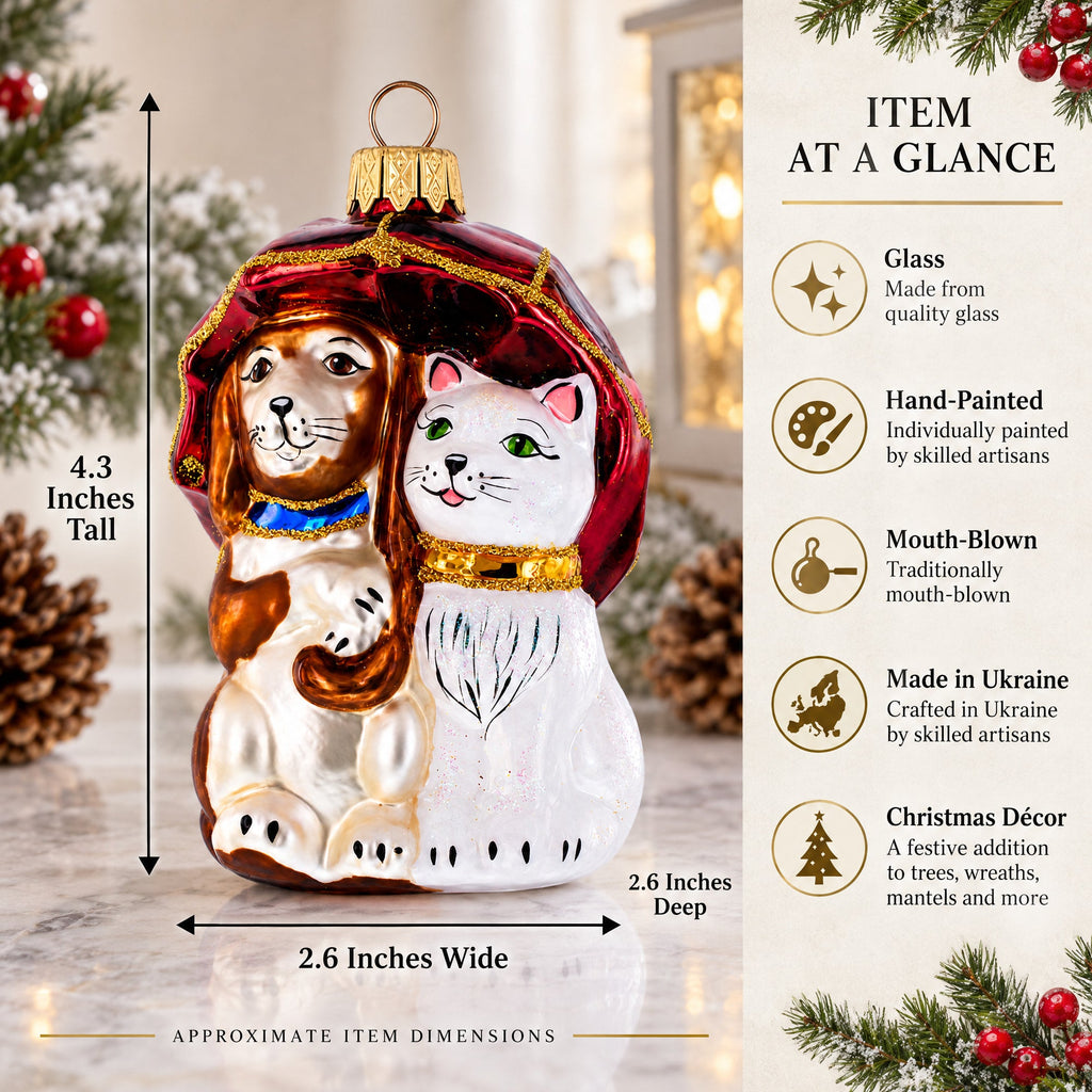 Best Friends Cat and Dog Under Umbrella Glass Christmas Ornament