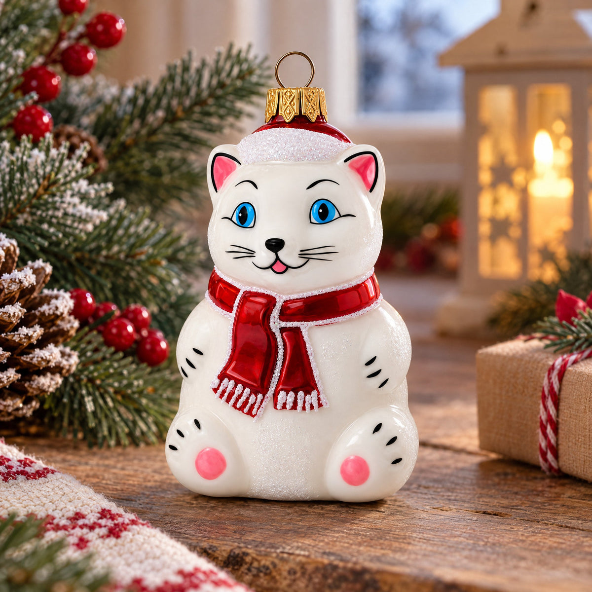 White Cat with Red Scarf Glass Christmas Ornament