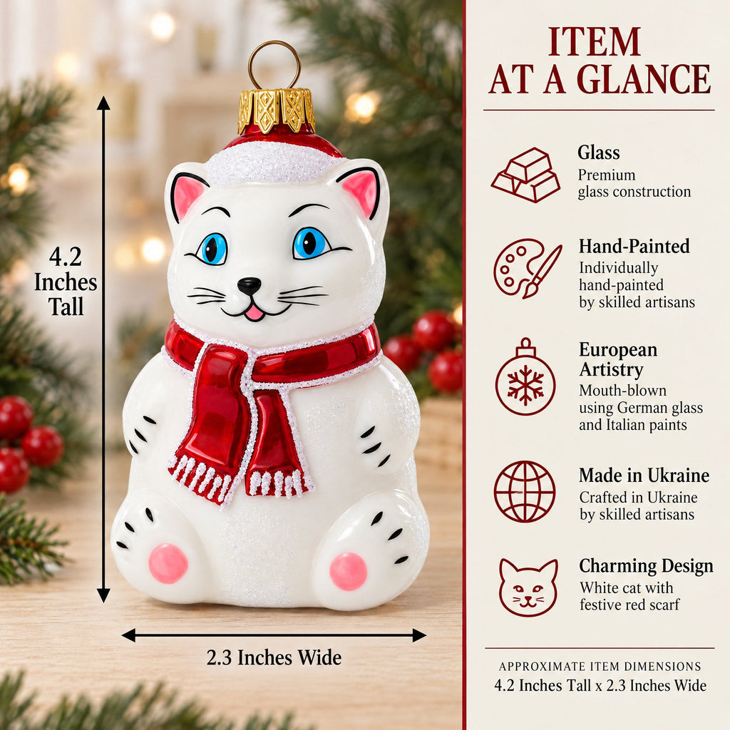 White Cat with Red Scarf Glass Christmas Ornament