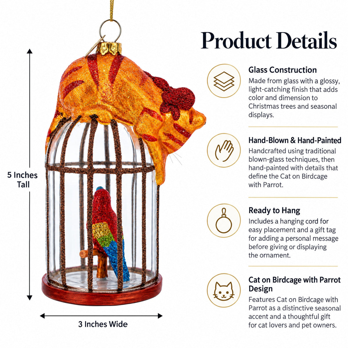 Cat on Birdcage with Parrot Glass Christmas Ornament