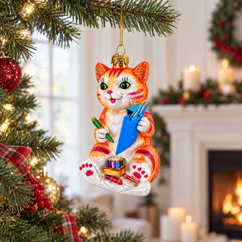 Cat Drawing a Self-Portrait Glass Christmas Ornament