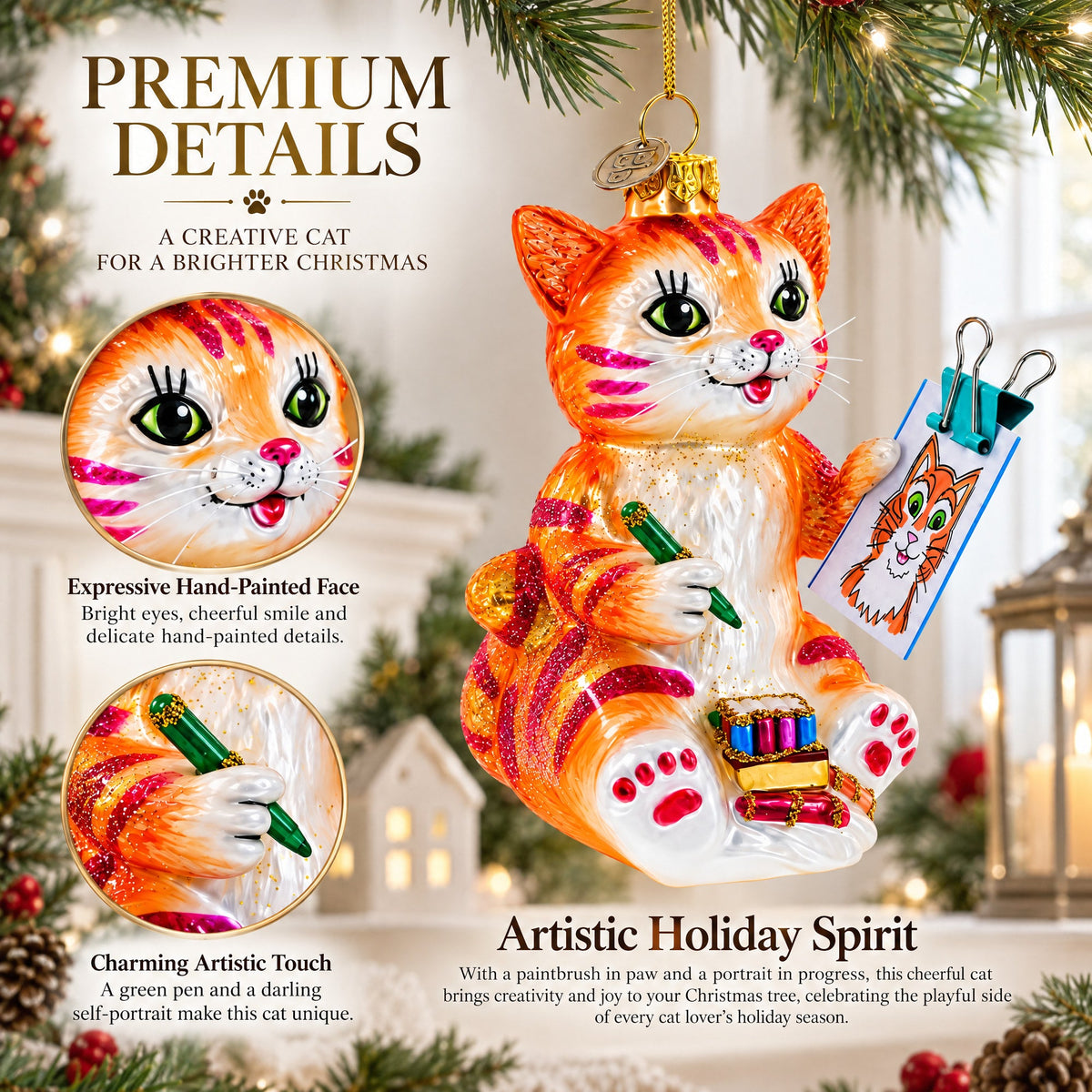 Cat Drawing a Self-Portrait Glass Christmas Ornament
