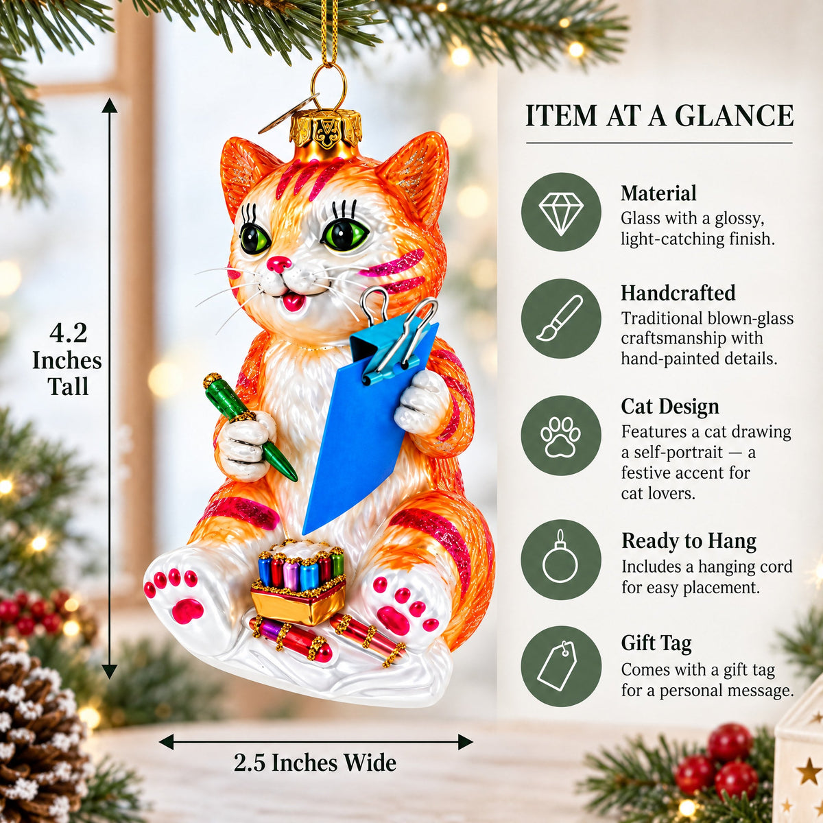 Cat Drawing a Self-Portrait Glass Christmas Ornament