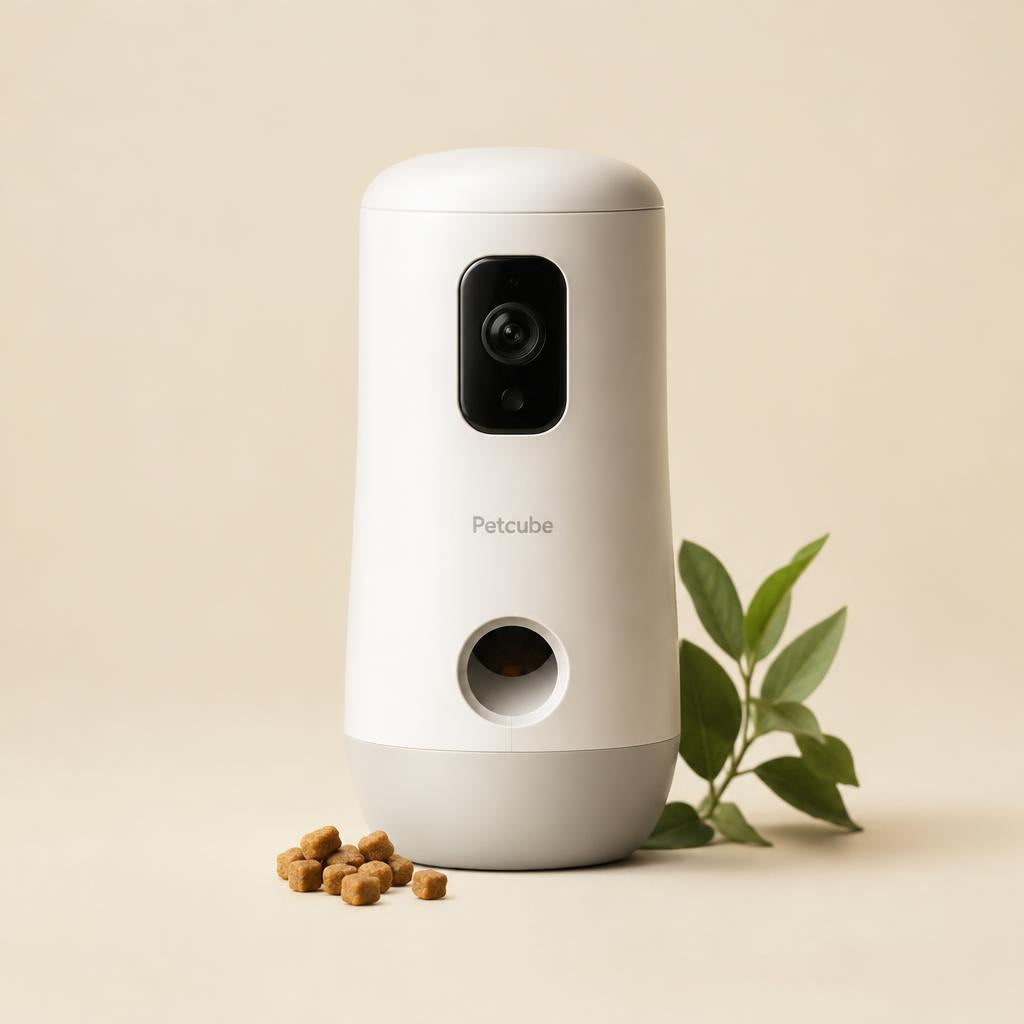 White pet camera with treat dispenser