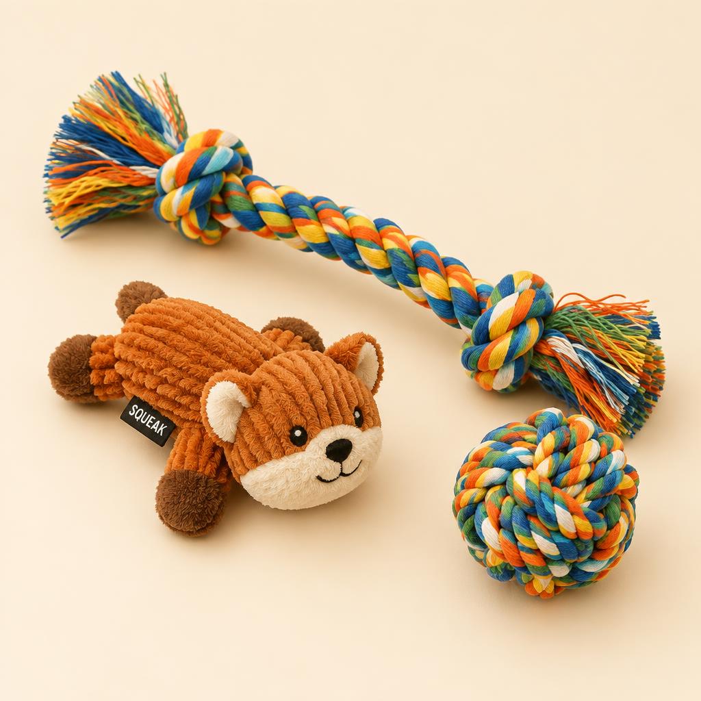 Rope and plush dog toy set